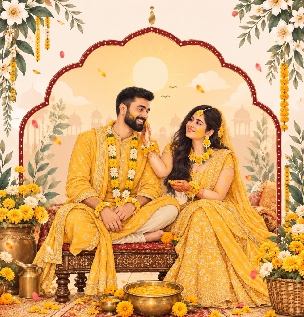 Rohit and Komal at their Haldi, dressed in yellow with marigold garlands