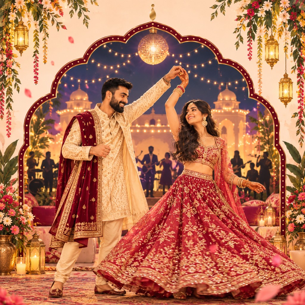 Rohit and Komal dancing at their Sangeet, she in a red lehenga and he in an ivory sherwani